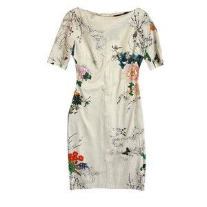 Zara Woman Cream Floral Dress Sz S RN 77302 Short Sleeve Bodycon  Fitted Midi